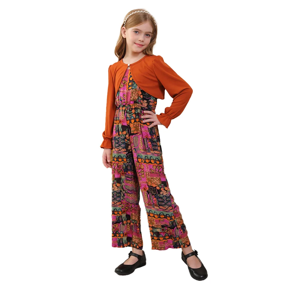 Spring and Autumn Girls' Bohemian Printed jumpsuit with Rusty Orange Scarf, Vitality Retro Pattern Two Piece Set