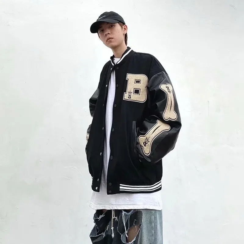 Varsity Baseball Bomber Jacket Women Hip Hop Harajuku Bone Letter Patchwork Leather Jackets Streetwear Men Unisex College Coats