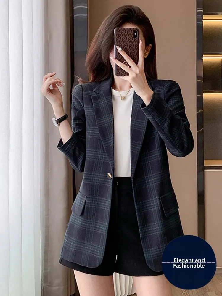 

Plaid Suit Jacket Women's Casual British Style Ladies' Coat Spring Autumn Checkered Commute Polyester Long Sleeve Button up