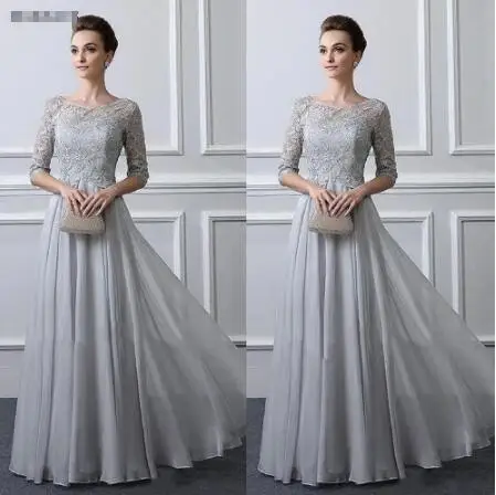 Half Sleeves Mother Of The Bride Lace Applique Sliver A-Line Wedding Party Guest Gown Chiffon Evening Dress