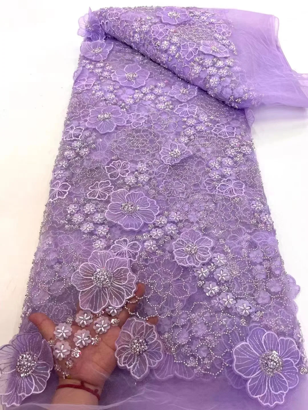 

Luxury African Heavy Beaded Lace Tulle Fabric 2024 French 3D Flower Embroidered Applique Fabric French Lace For Sewing Material