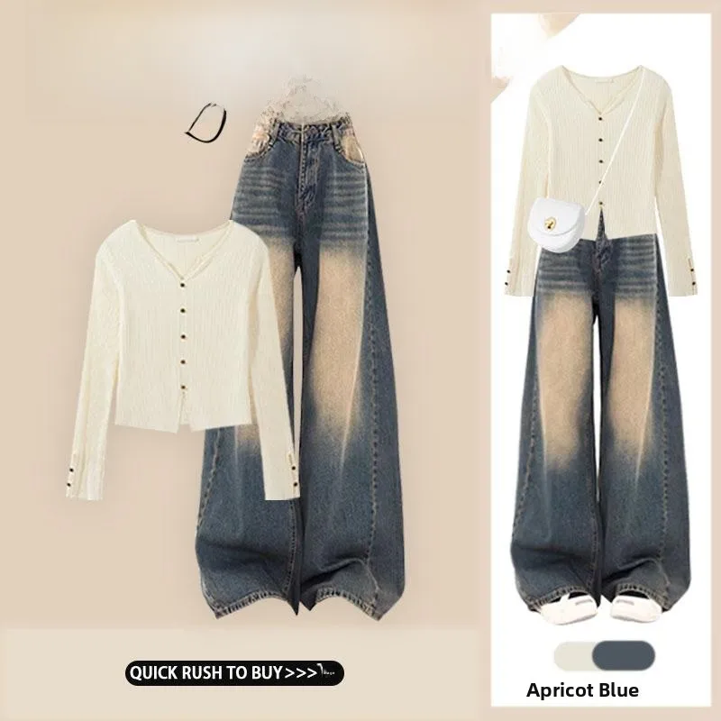 

Women's V-ne Long Sve Knitted Sweater Set with Casual Vintage Jeans High Waist Zipper ket Long Pants Autumn Faion