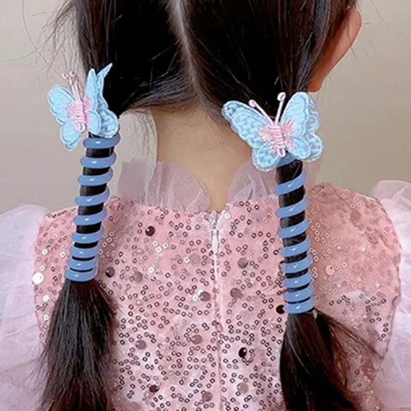 Colored Telephone Line With Embroidered Butterfly Braided Telephone Line Straight Spiral Children'S Girls' Headband Hair Loop