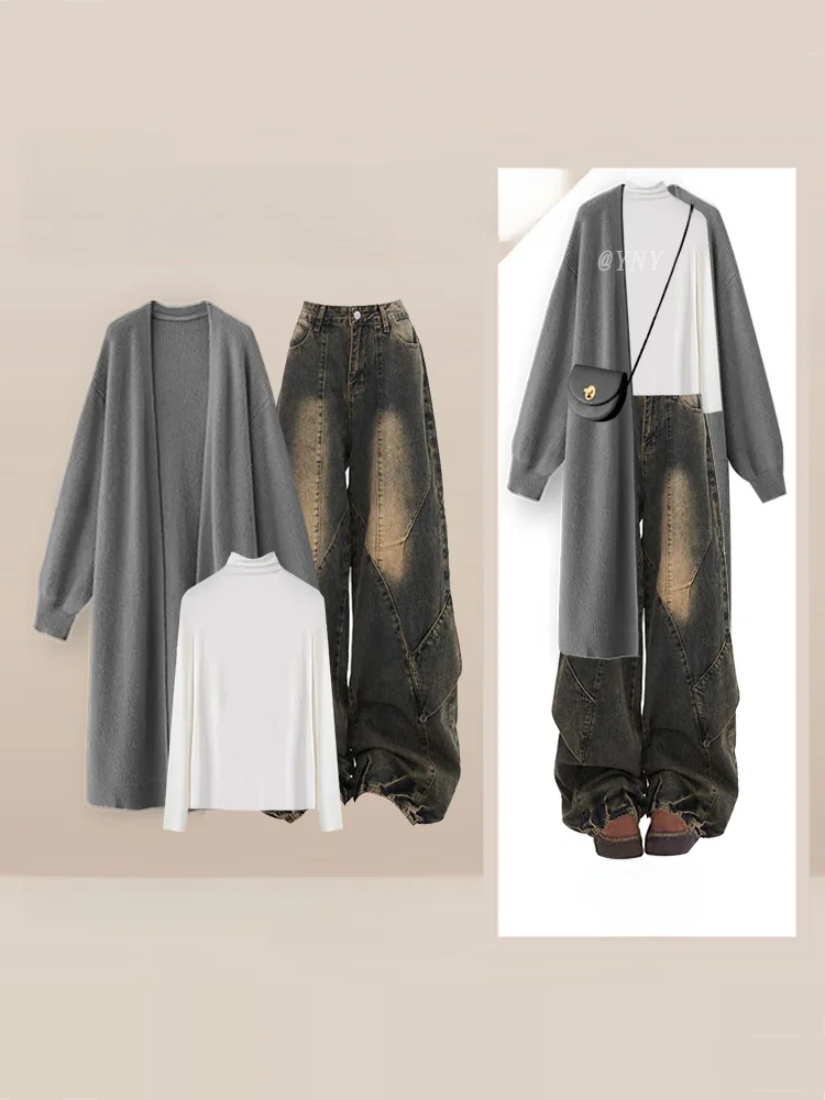 

Осень-зима 2025 г., женская трикотажная футболка с высоким воротником, широкие джинсы, комплект из футболки, свободный крой, трикотаж средней длины