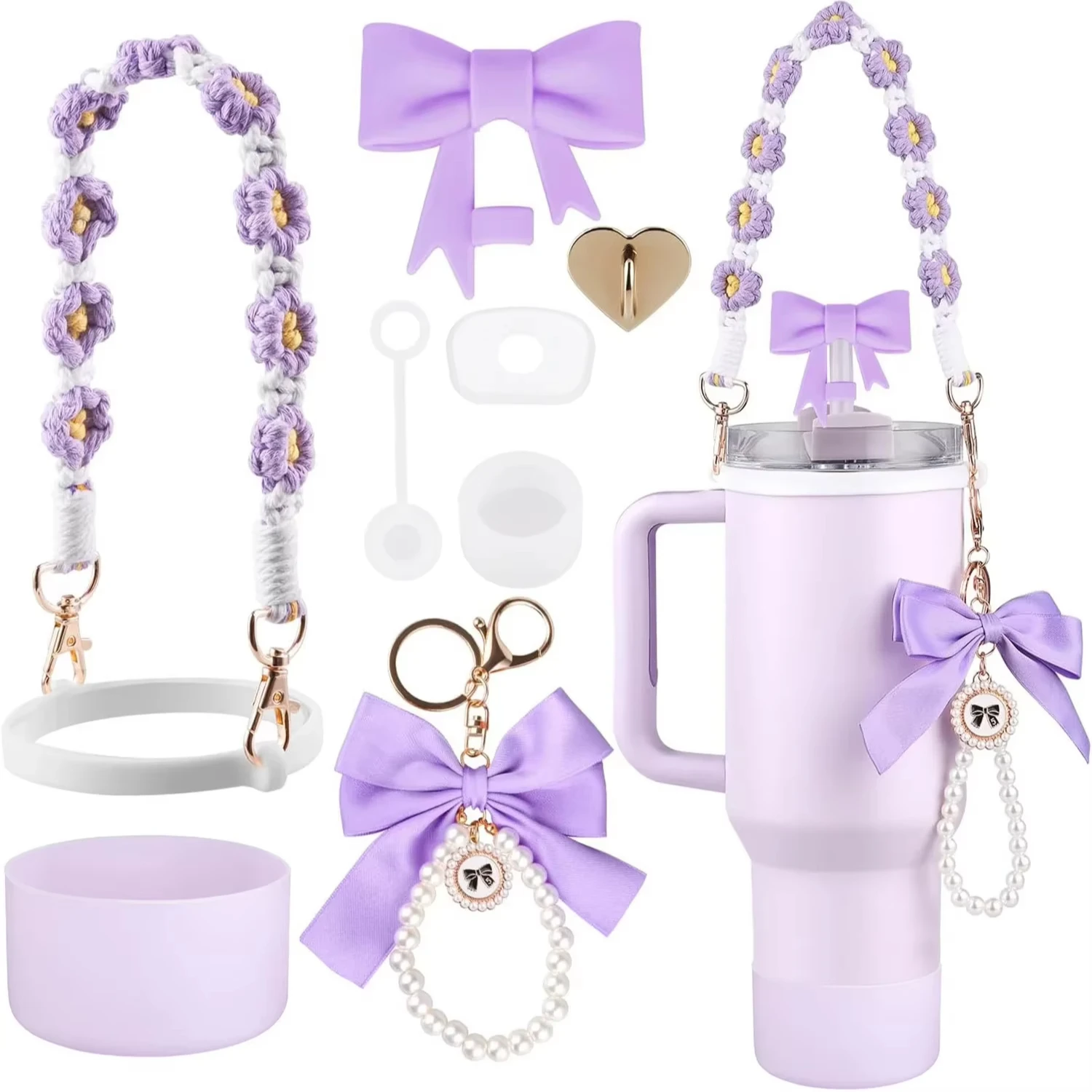 9pcs Accessories Set for Stanley Cup Water Bottle Handle Strap Boot Bow Straw Cover Pearl Charms Straw Topper 40oz 30oz Tumbler