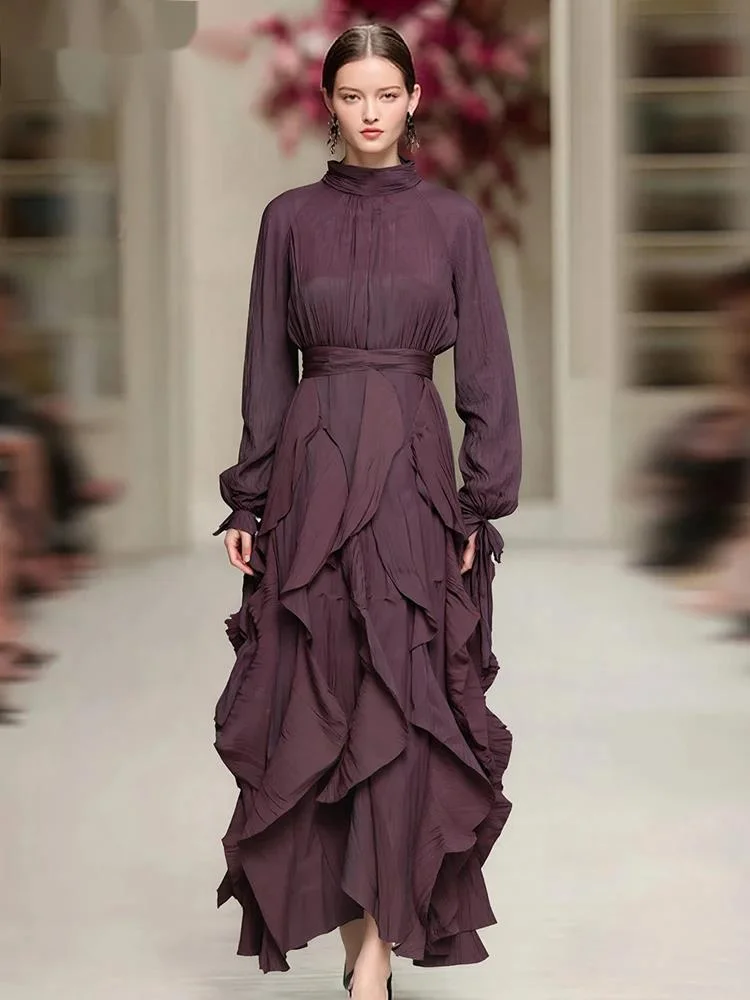 Fashion Deep Purple Pleated Dress Women's Turteneck Tie Long Sleeves Multi-layer Ruffles Ankle-length Dresse O7IO