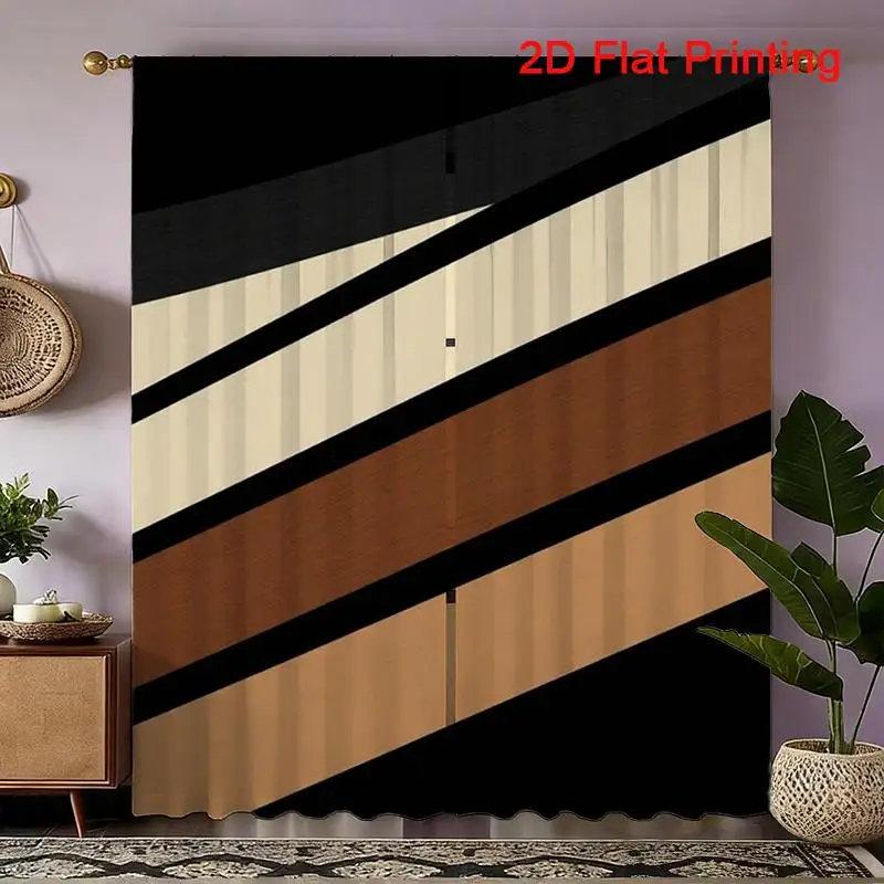 Modern Diagonal Stripe Curtains 2 Panels, Black Cream Coffee Slant Block Minimalist Tone Background for Simple Bedroom Curtain