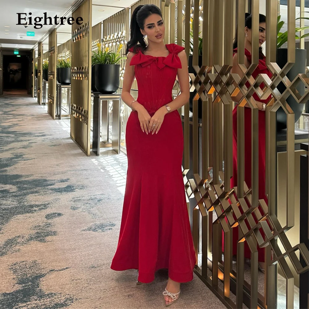 

Eightree Chic Red Mermaid Evening Dresses Off Shoulder Bow Dubai Arabic Formal Prom Dress Ankle Length Party Gown Robe De Soirée