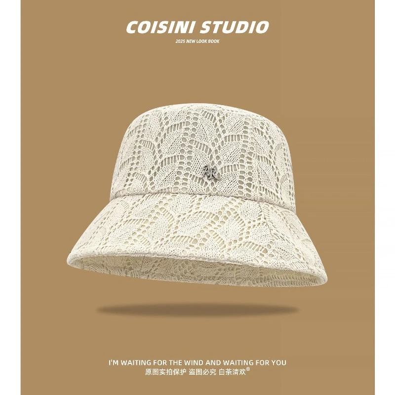 

Japanese Simple Solid Color Sweet Hollow Knitted Bucket Hat Spring and Summer Sunshade Foldable Breathable Sun Cap for Women's