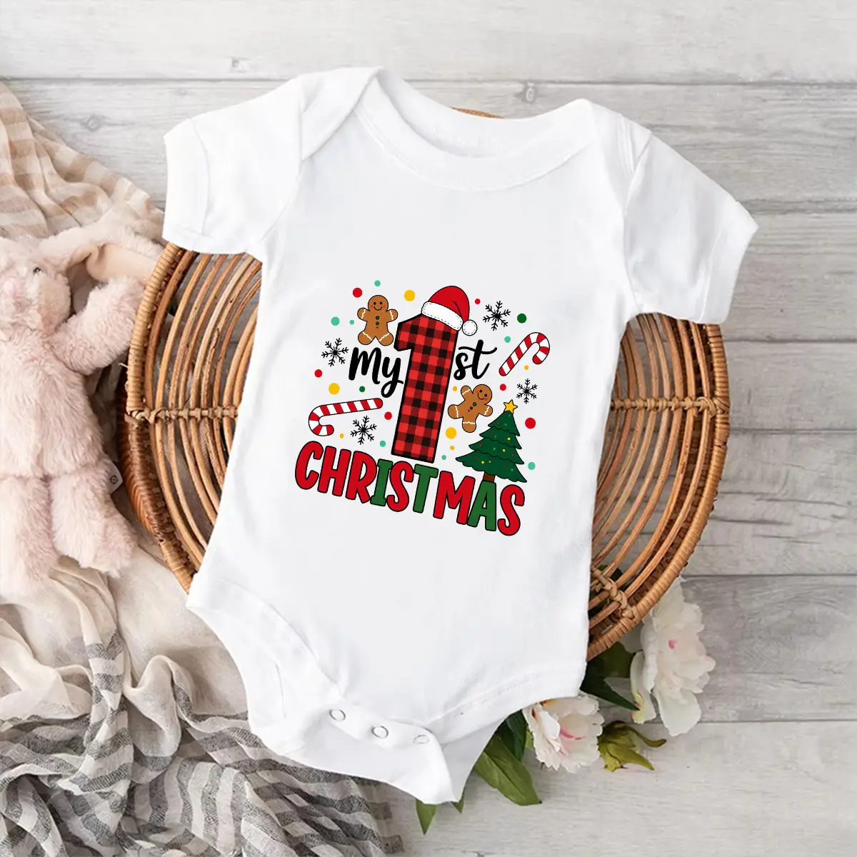 My 1st Christmas Baby Bodysuit Gingerbread Man Buffalo Plaid Print Short Sleeve Newborn Romper Xmas Baby Gift