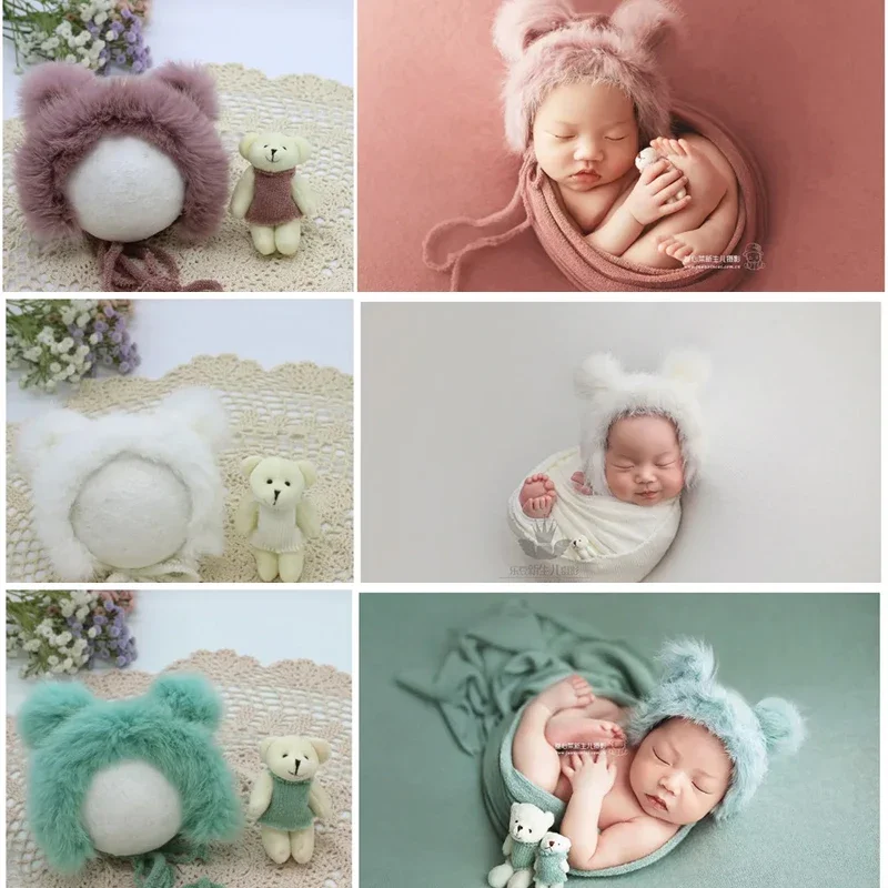 2pcs Baby Photography Props Newborn Photo Hat Bear Doll New Born Hat Photo Accessories Bebe Photography Props Fotografia