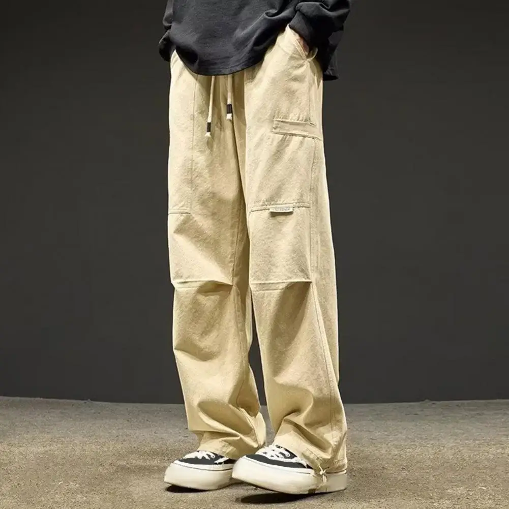 Men Hip Hop Pants Streetwear Cargo Pants with Multi Pockets Elastic Waist for Fall Spring Wide Leg Loose Straight Style Trousers