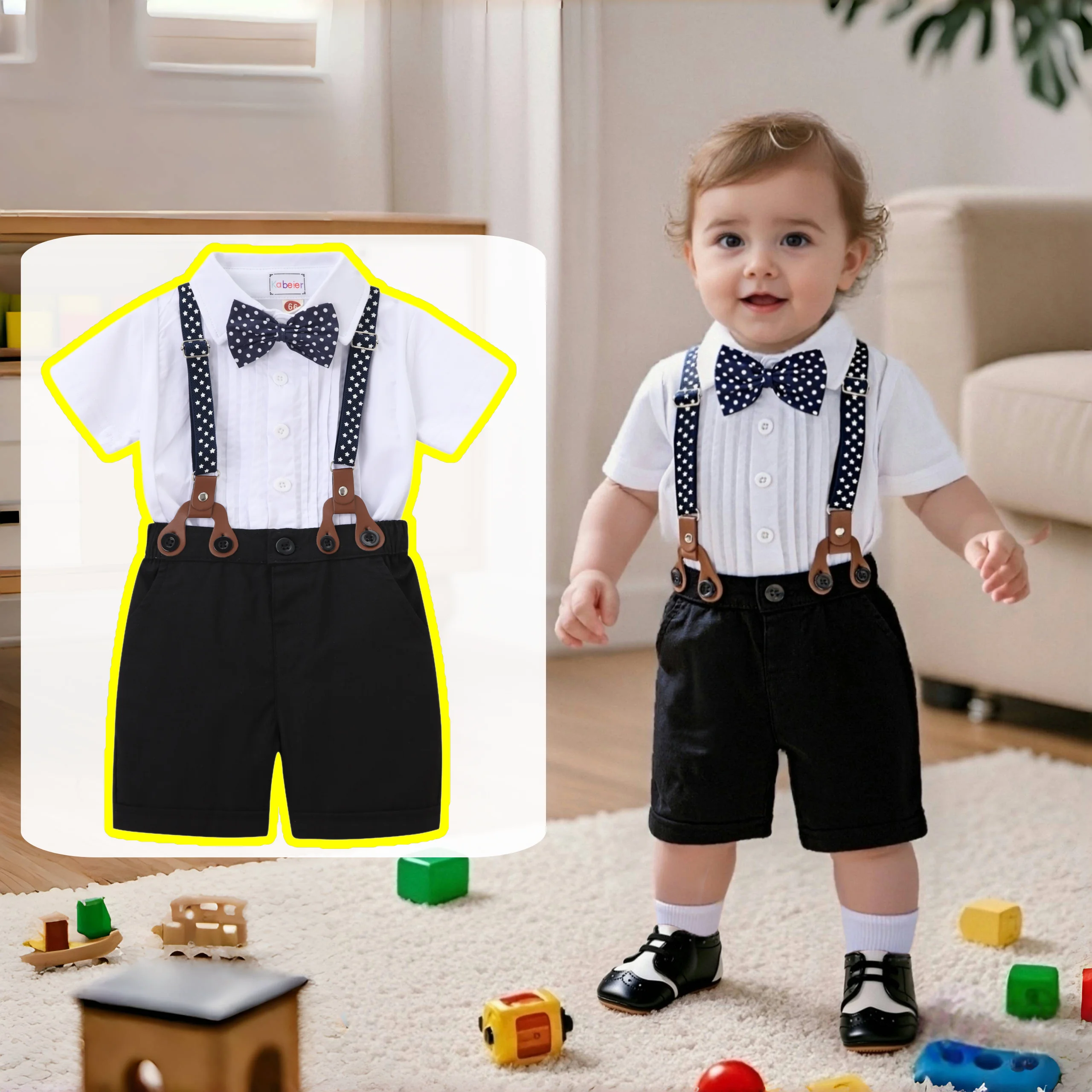 Conjunto de ropa clásica para bebé, pelele de manga corta con pantalones cortos lisos, color blanco y negro, para fiesta de 1er cumpleaños infantil