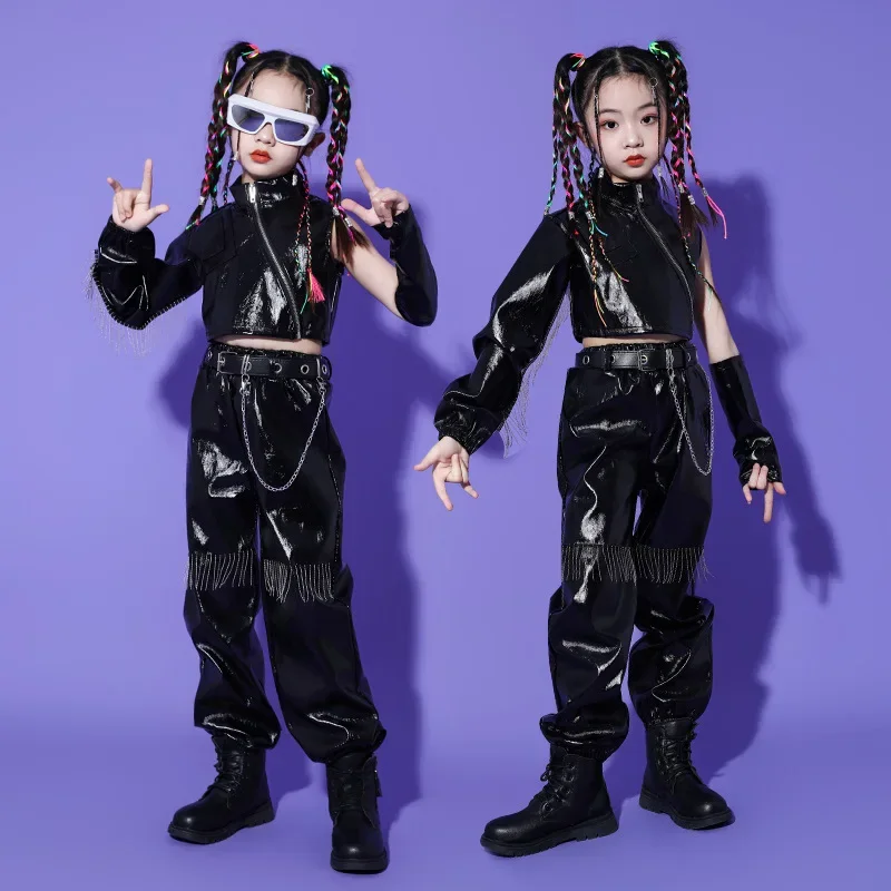 

Hip Hop Clothing Black PU Leather Zip up Motorcycle Crop Top Jacket Beads Pants for Girl Jazz Dance Costume Clothes Set