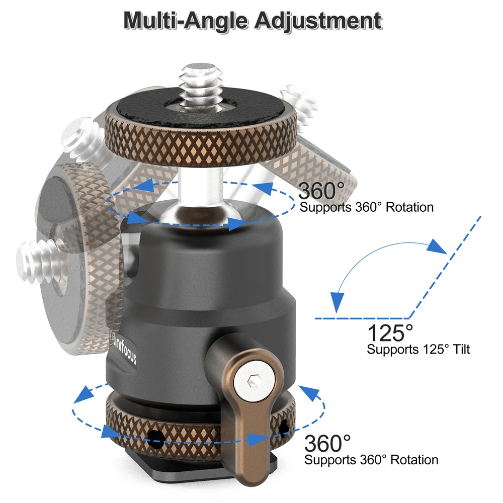 Minifocus 1/4" Screw Camera Hot Shoe Mount, 360 Degree Ballhead Tripod Adapter For Camera Monitor Video LED Light Cold Shoe Base view 6