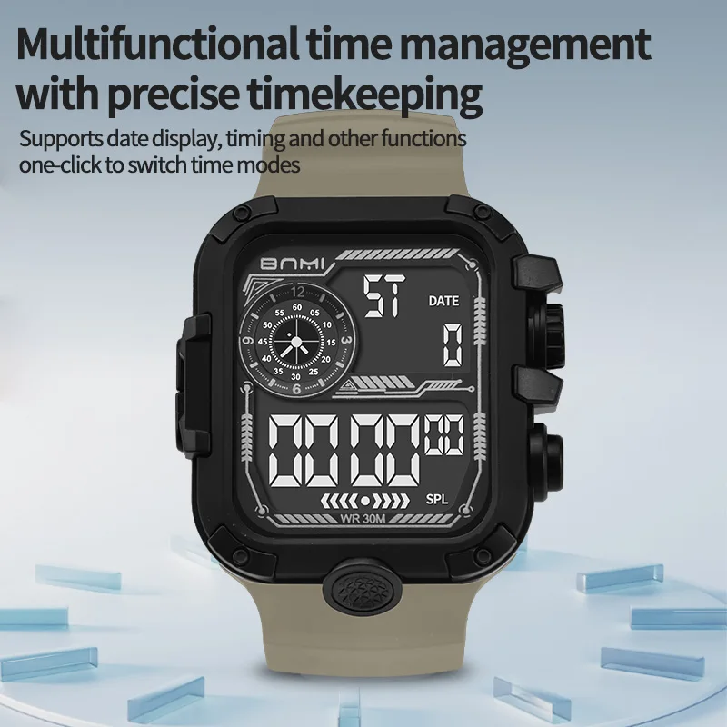 Square Military Digital Watch for Men Silicone Strap Multifunction Sports Electronic Wristwatch Outdoor Student Daily Watch