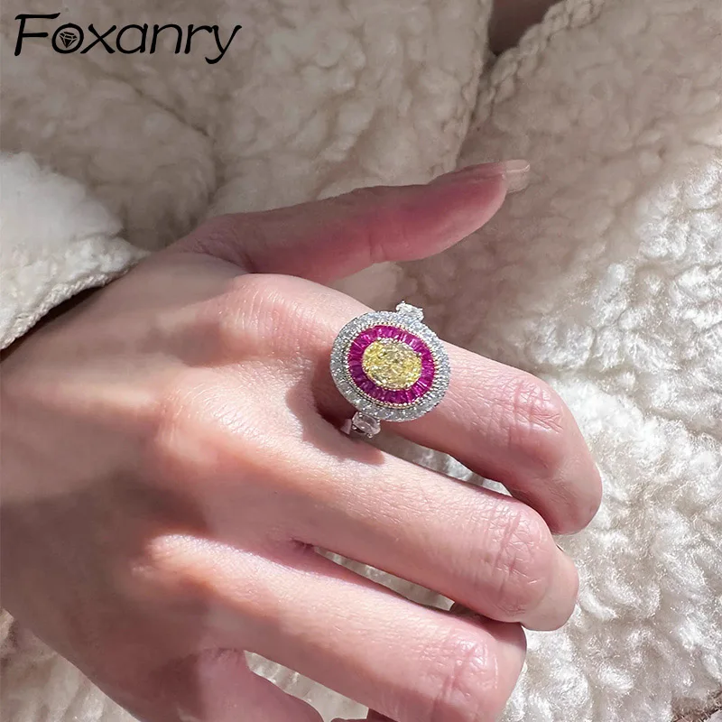 Foxanry Sparkling Multicolor Zircon Rings For Women Girls Temperament Elegant Classic Vintage Exquisite Engagement Jewelry Gifts