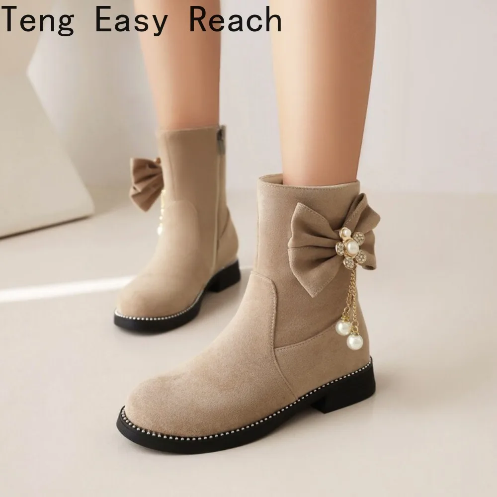 Design Women Ankle Boots Girls Faux Suede Round Toe Flock Bowknot Beige Plus Size 31-42 43 Sweet Daily Bota Princess Short Boots