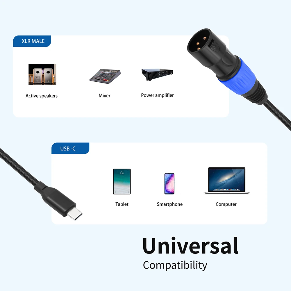 USB C To XLR Cable Plug and Play Type C To XLR Male Output Stereo Cord USB Type-C Male To XLR Male Connector for Smartphones