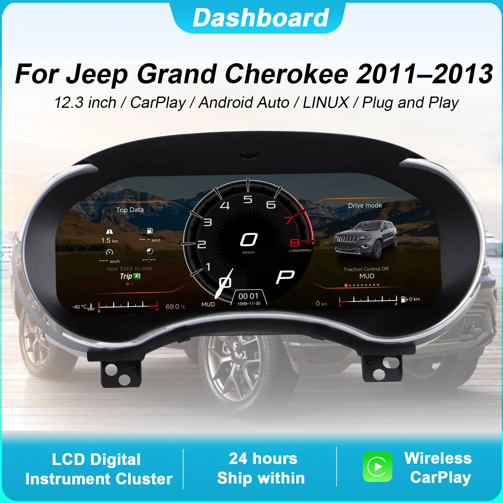 

Цифровая приборная панель для Jeep Grand Cherokee 2011-2013. Спидометр. Поддерживает беспроводные CarPlay/Android Auto.