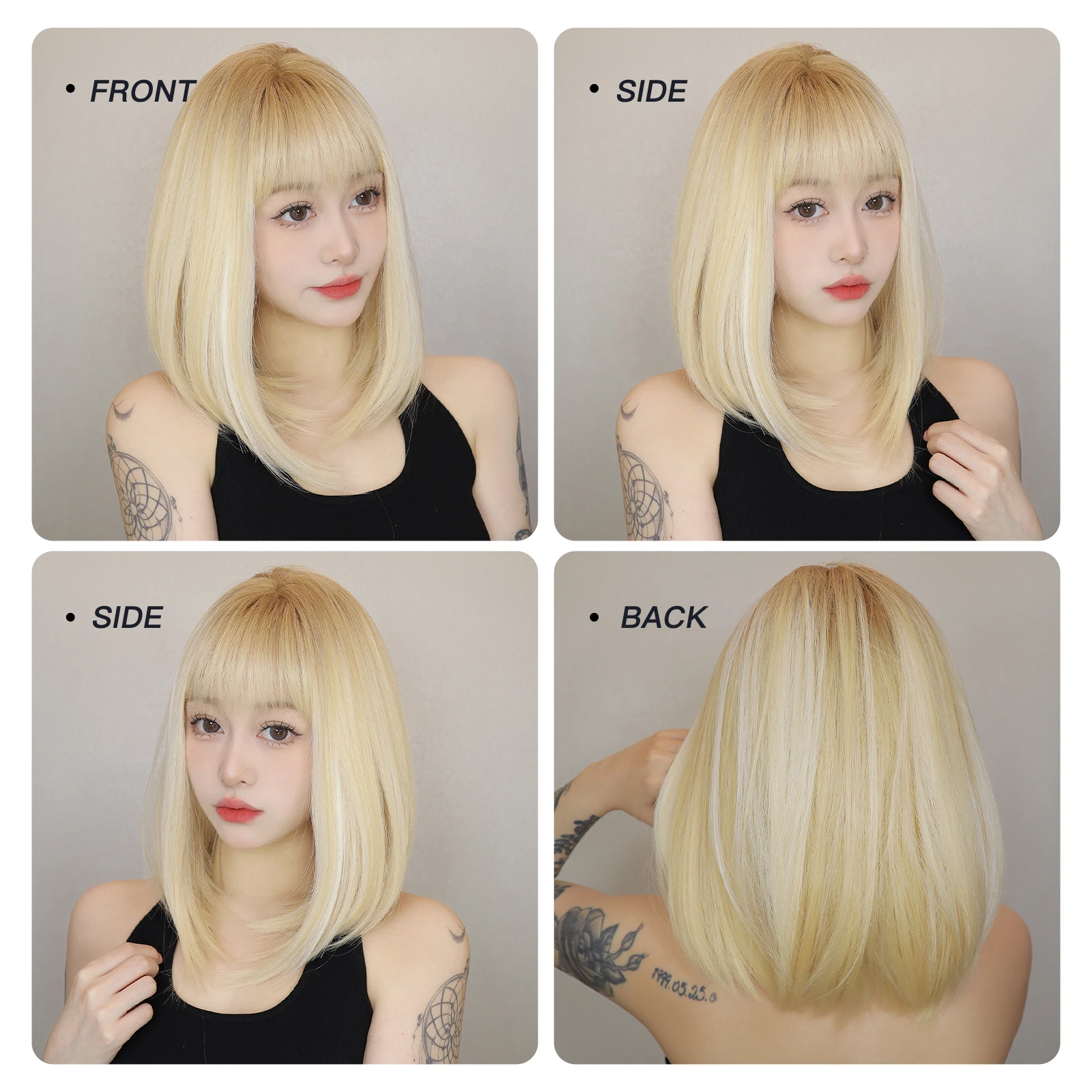 Brown Blonde Ombre Straight Bob Wig with Bangs Short Synthetic Lolita Wig for Women Natural Daily Cosplay Heat Resistant
