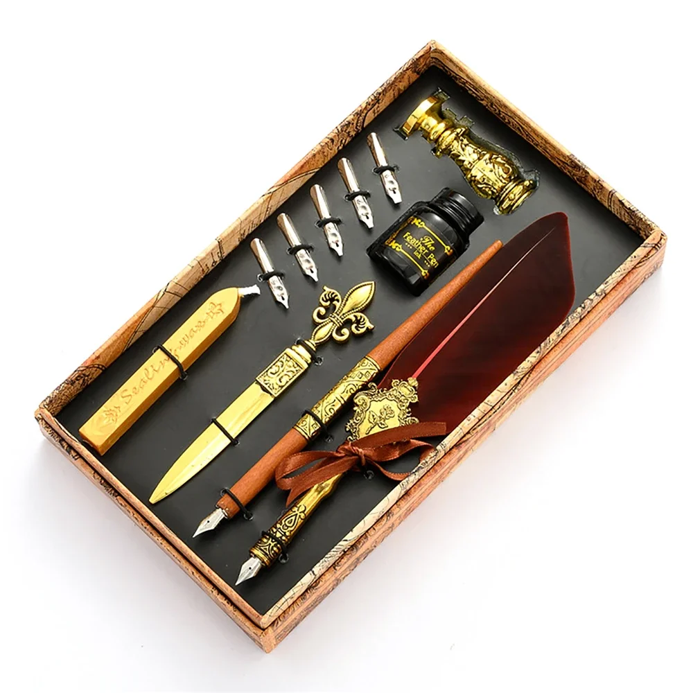 Creative Feather Pen Set with 5 Nibs Ink Bottle Stamp Luxury Fountain Pens Calligraphy Writing Dip Pen School Office Supplies