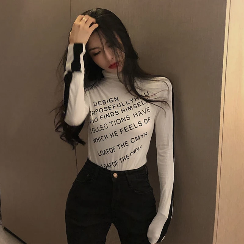 Print Turtleneck Long Sleeve T-shirts for Women Elegant Skinny Autumn Tops Ropa Mujer Sexy Harajuku Korean Fashion Retro Females