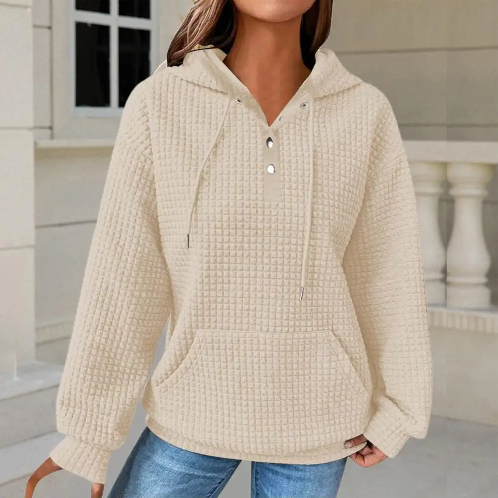 Autumn Winter Women Hooded Sweatshirt Solid Color Waffle Texture Drawstring Hoodie Buttons Neckline Long Sleeve Front Pocket Top