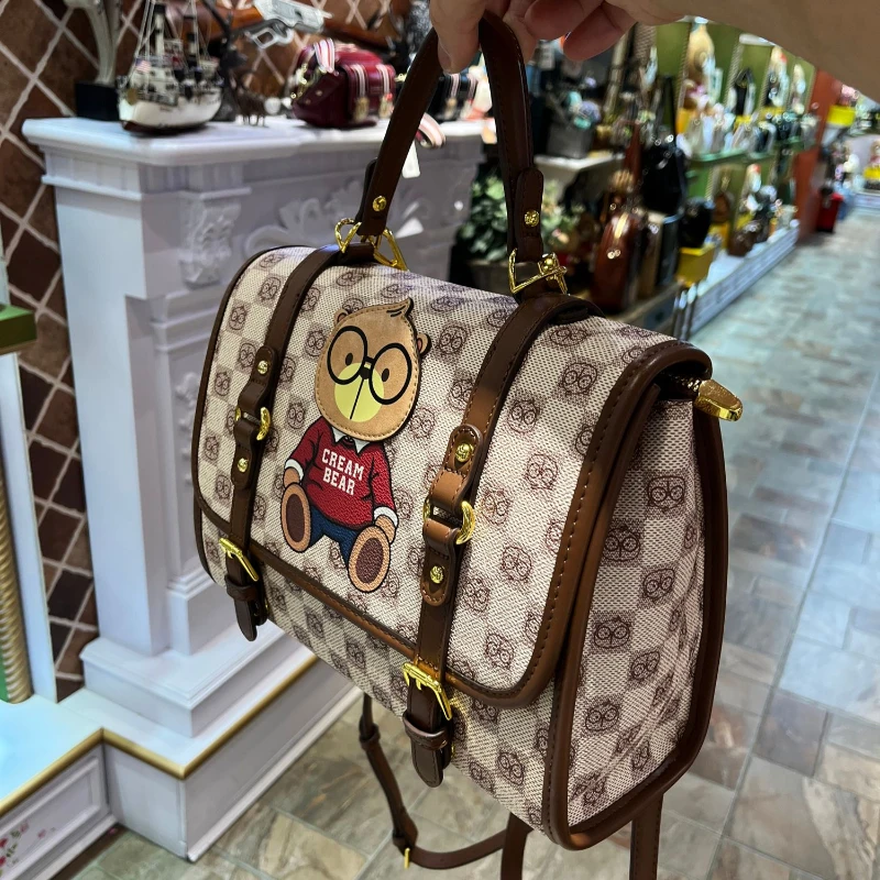 CREAM BEAR Large Capacity Tote Bag 2024 New Woman's Bags Cartoon Love Multi Functional One Shoulder Handheld Backpack for Women