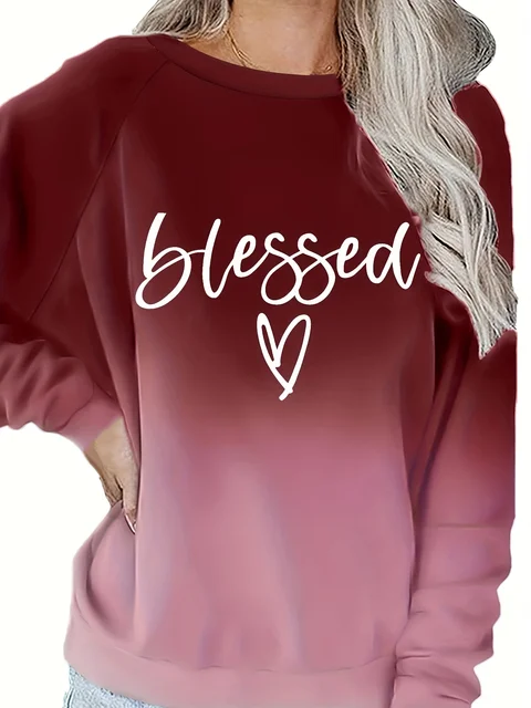Plus Size Wiosenna bluza casualowa, damska Ombre i nadruk w kształcie litery i serca Raglanowy rękaw Okrągły dekolt Lekko rozciągliwy pulowerowy top