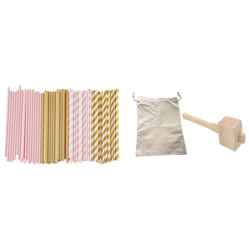 Biodegradable Paper Straws, 100 Pink For Party Supplies With Lewis Bag And Ice Mallet,Bartender Kit Ice Crusher