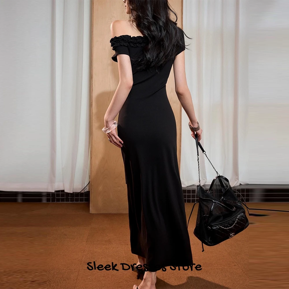 Simple Black Jersey Short Sleeves Evening Dress Mermaid Ankle Length Prom Gowns Elegant One Shoulder Party Dresses with Ruffles