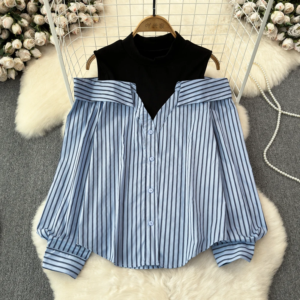 Fake Two Pieces Women T-Shirt Contrast Off Shoulder Long Sleeve One Breasted Turtleneck Loose Blouses Lady Casual Versatile Tops