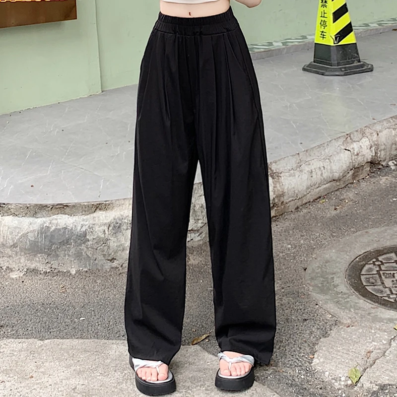 Women Korean Loose Grunge Wide Leg Trousers Lady Fashion High Waisted Elastic Pants Female Casual Black Gray Apricot Pink Slacks