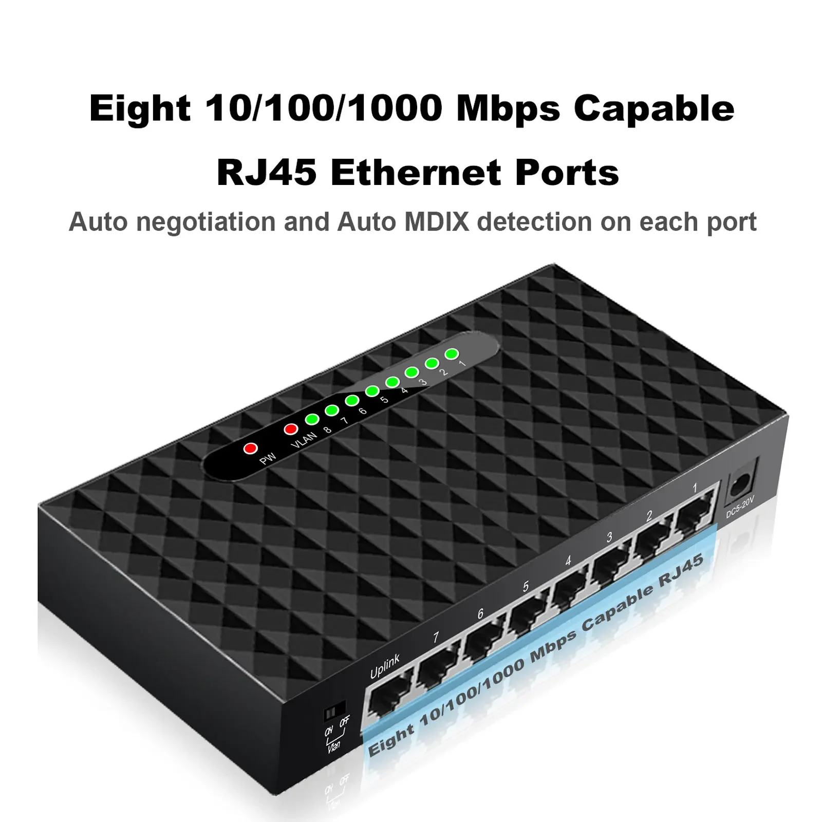 Switch de rede Gigabit Ethernet, Switcher inteligente, Hub RJ45 de alta velocidade, Internet Splitter, Auto MDI-MDIX, 8 portas, 1000 Mbps