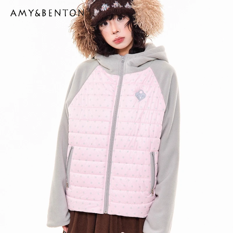 

2025 Autumn Winter New Polka Dot Full Print Splicing Women's Cotton Jacket Retro Design Sweet Cute Versatile Warm Coats Ladies