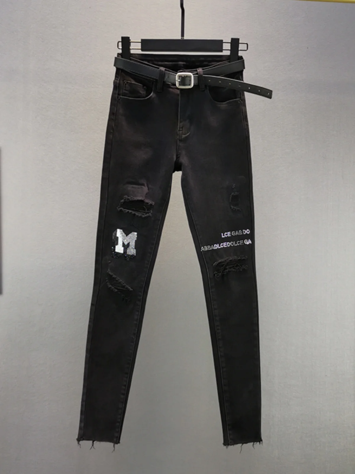 

Women's Slim Fit High Waist Faux Tear Denim Pants Winter New Sle Elastic Stretchy Thin Fce Small Foot Pants