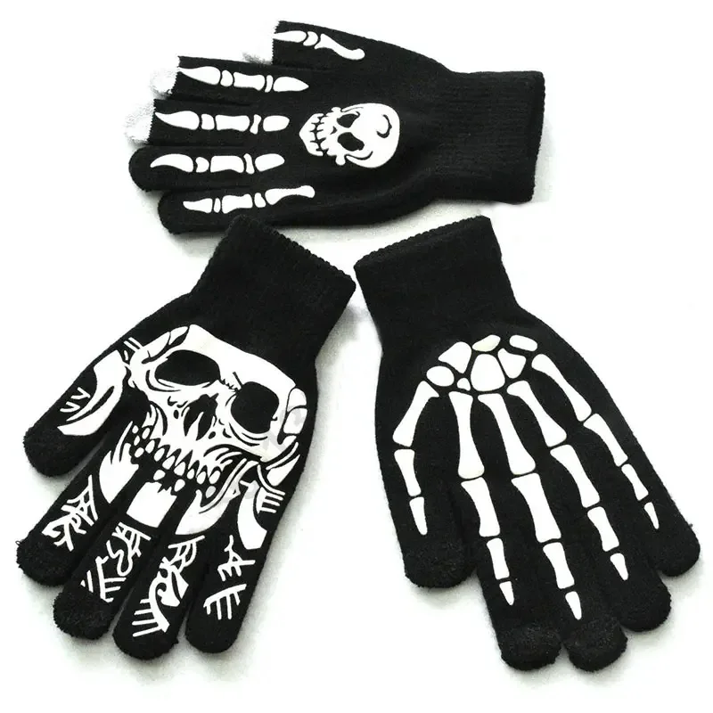 New Punk Gloves Unisex Halloween Skeleton Skull All Finger Gloves Glow In The Dark Fingerless Stretch Knitted Winter Mittens