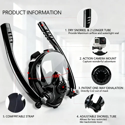Máscara de snorkel de cara completa para adultos Tubo de respiración doble 180 °   Visión panorámica de ojos anchos Aventuras avanzadas antivaho para nadar a prueba de fugas