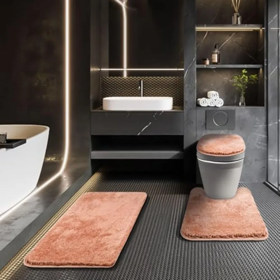 

Bathroom Rugs Sets 3 Pcs with Adjustable Toilet Seat Cover 17.5"x 15" Machine Washable Bath Rug Set with TPR Non Slip Rubber Ba