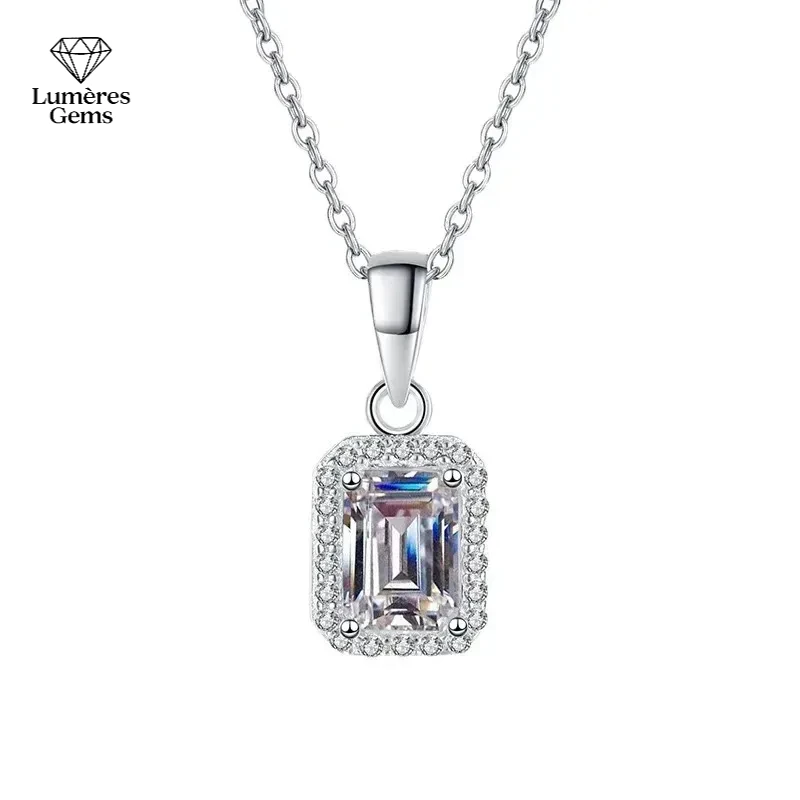 18K Gold Inlaid Pendant, Women'S Rectangular Emerald D-Color Moissanite PT950 Platinum Necklace, Redion Cut Diamond