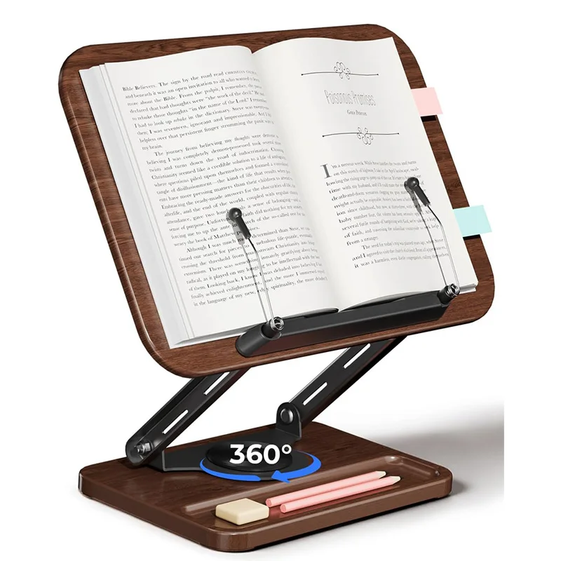 

Book Stand for Reading, Adjustable Book Holder with 360° Rotating Base & Elastic Page Clips, Foldable Cookbook Stand for Office