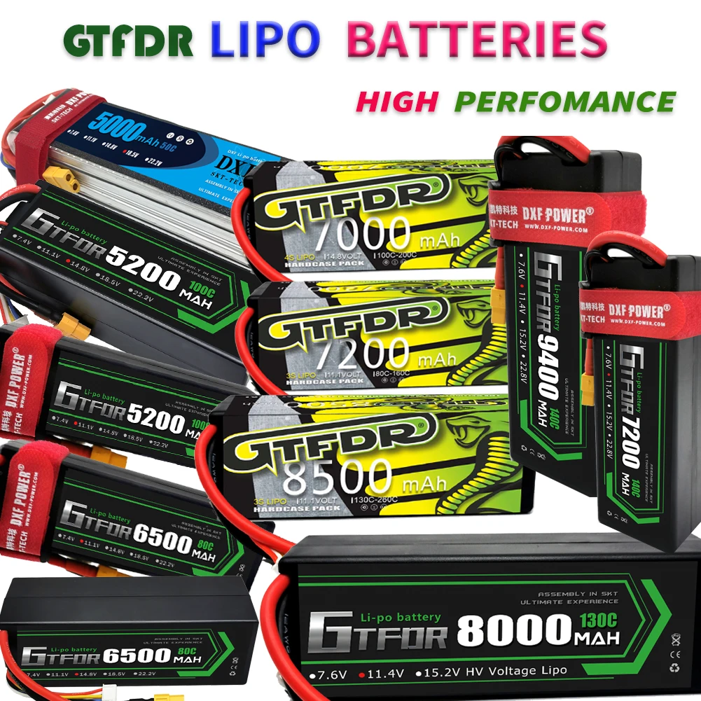 

GTFDR 3S 4S 5S 11.1V 11.4V 18.5V 14.8V 5200mAh 6500mAh 7200mAh 7000mAh 8000mAh 8500mAh 9400mAh HV Graphene LCG Deans XT90 EC5