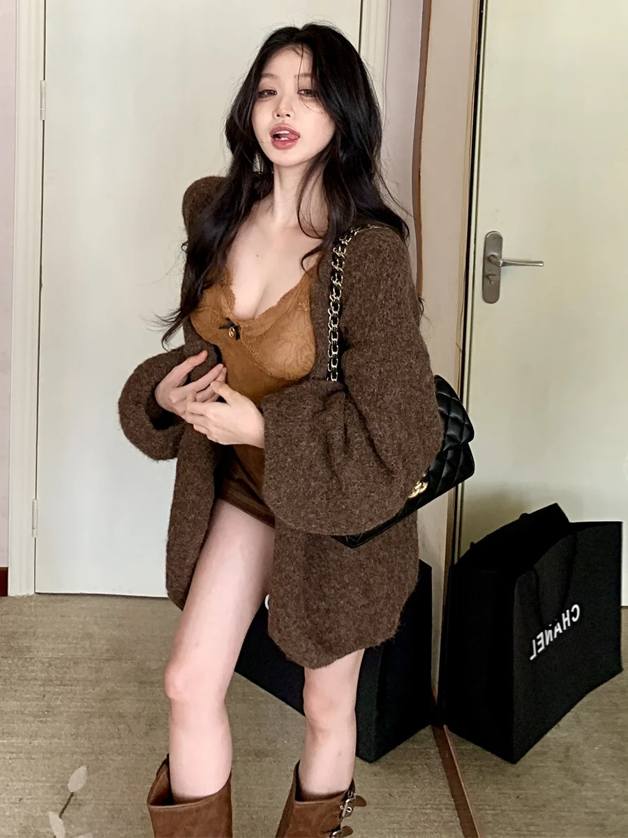 Korean Lazy Style Lace Trim Sweater Slim Fit Jacket with Chest Pad A-Line Boot Pants Shorts Women's Fashion Set Winter Season