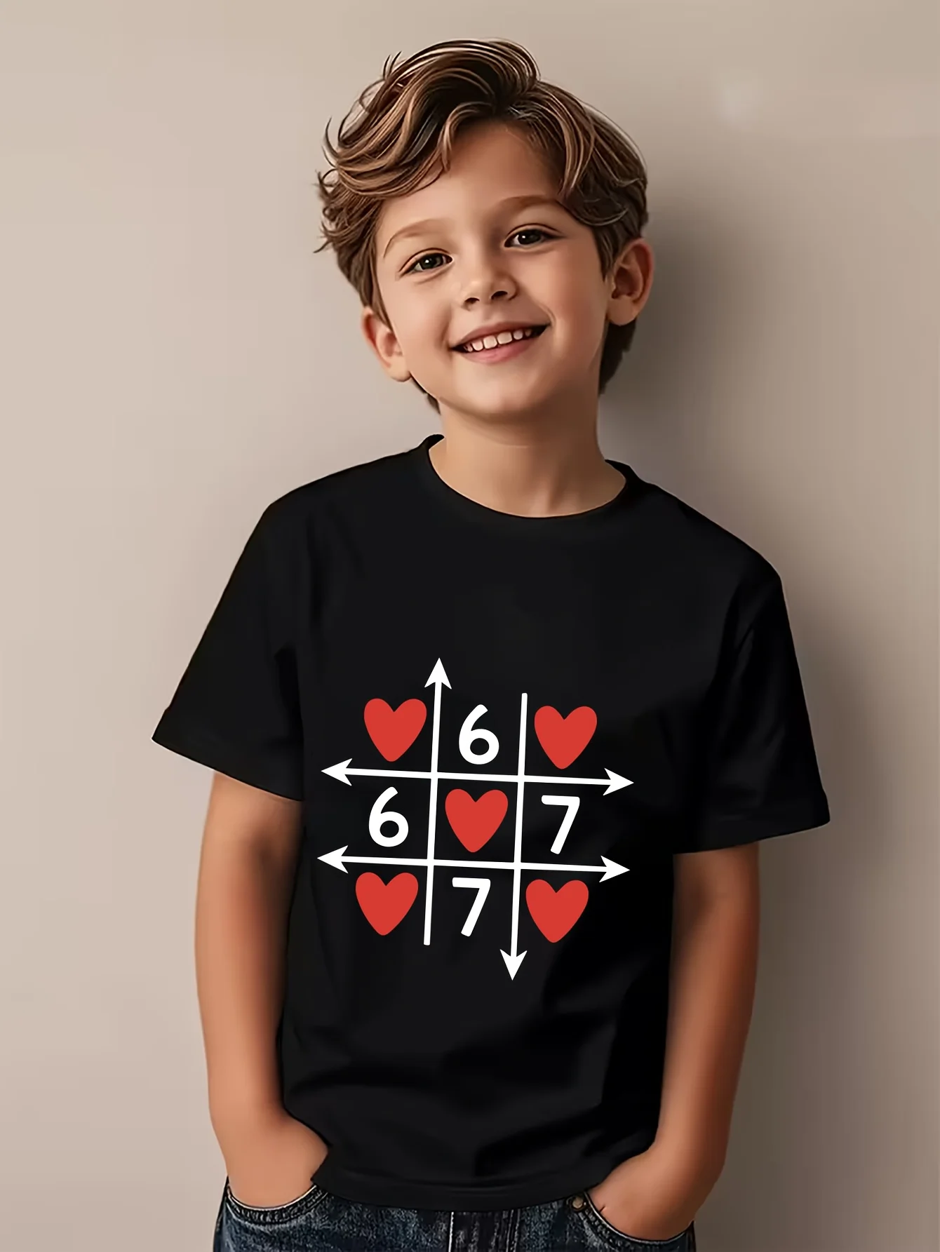 Lucky Number Heart Arrow Grid Print Family Matching Cotton Tees Short Sleeve Tops For Mom Dad Boys Girls Daily Wear