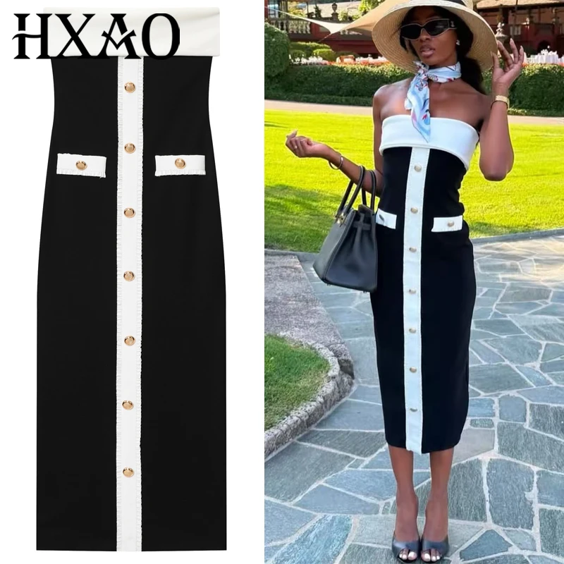 HXAO Vestidos para mujer Vestidos largos con corsé negro Vestido sexy sin mangas con botones Vestidos elásticos sin espalda sin tirantes Vestido elegante para resort