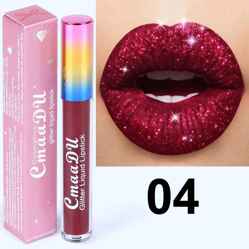 CmaaDu Shimmer Lip Gloss Diamond Glitter Lip Tint Waterproof Long Lasting Matte Liquid Lipstick Red Purple Lipgloss Women Makeup