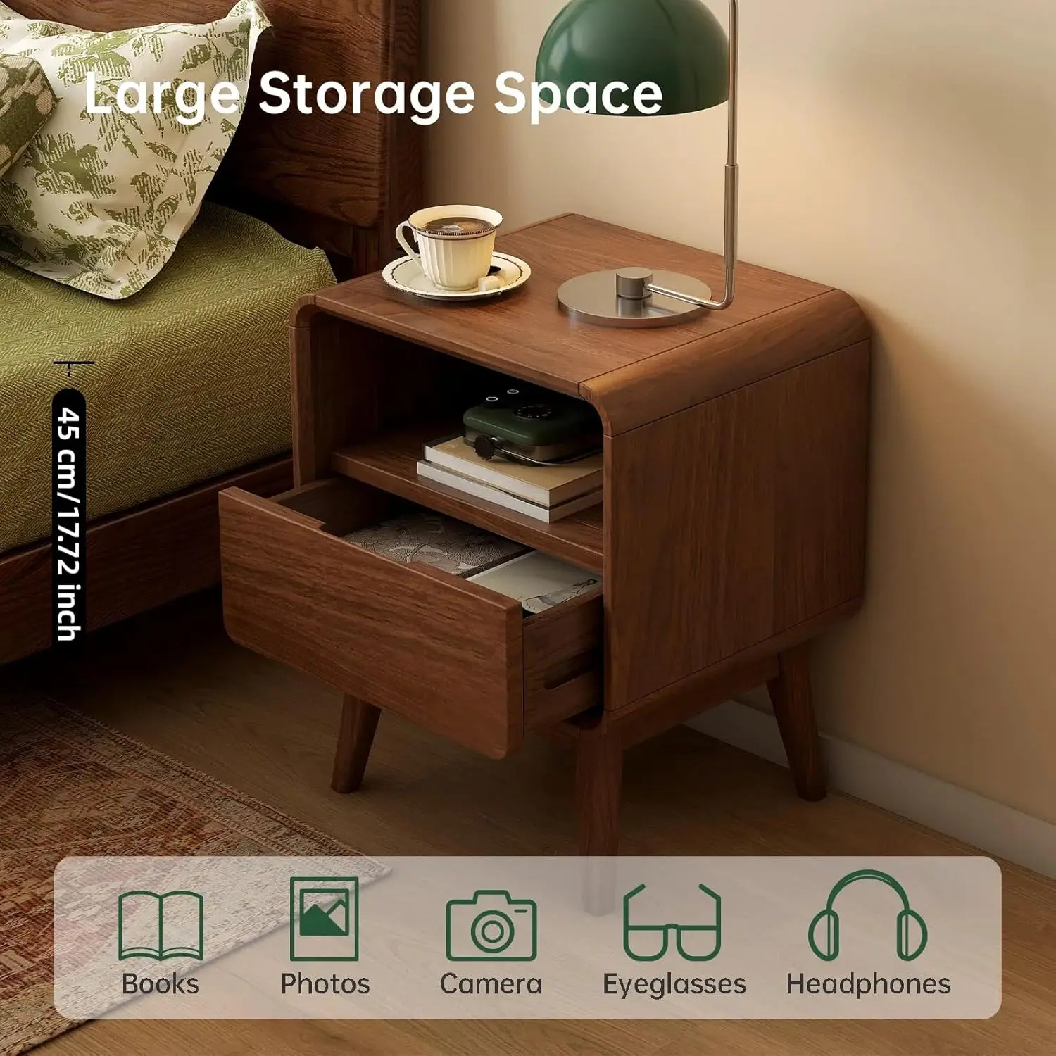 Mesita de noche 100% de madera maciza, mesita de noche de nogal con cajón y estante abierto, mesita de noche de mediados de siglo, mesitas de noche de madera