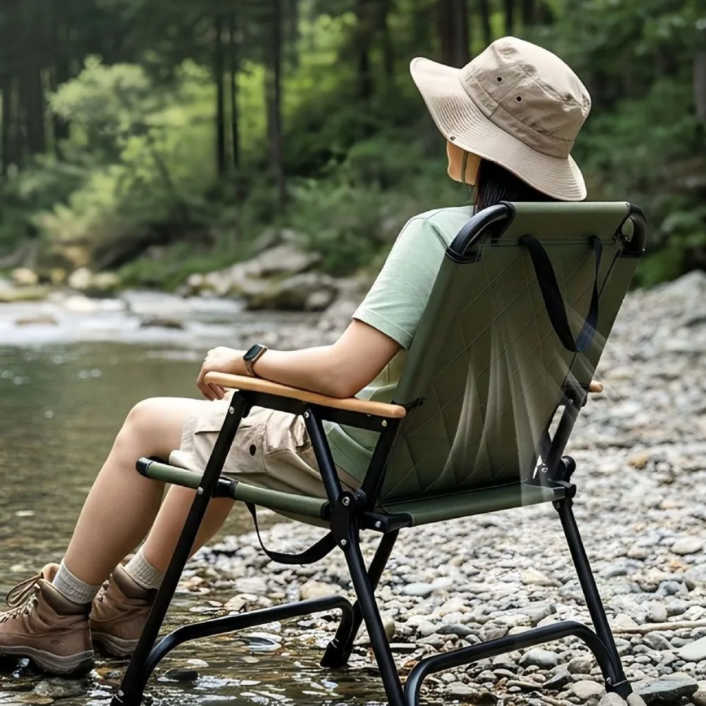 Outdoor Folding Portable Camping Chair with Wooden Armrests Hickened Steel Frame Picnic Fishing Stool for Adults