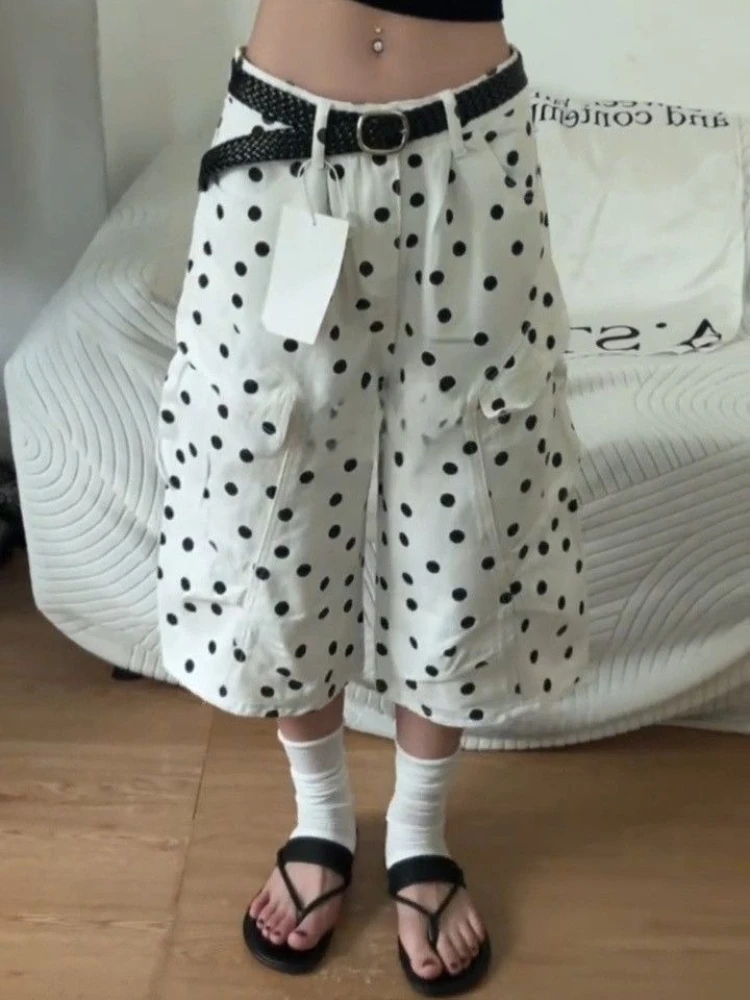 American Vintage Washed Polka Dot Cropped Jeans Women Casual Wide Leg Straight Capri Denim Pants Cargo Pocket Streetwear